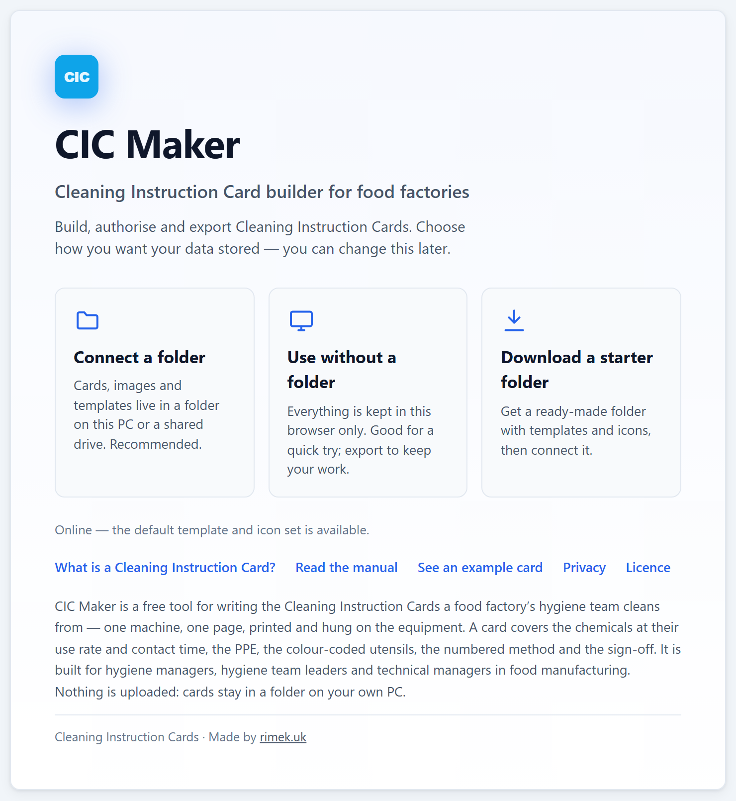 The CIC Maker welcome screen showing three buttons: Connect a folder, Use without a folder, and Download a starter folder.