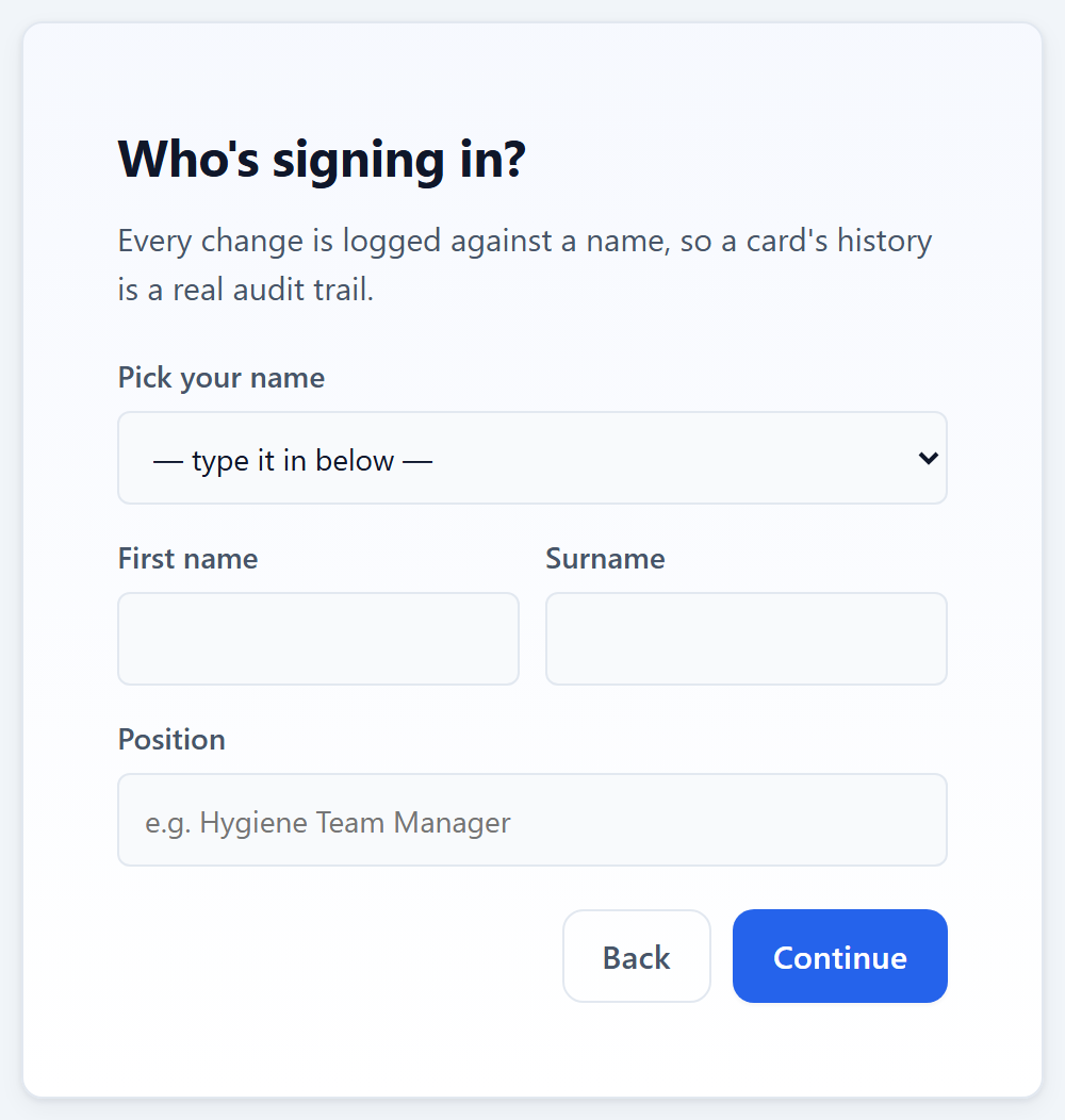 The sign-in panel asking for first name, surname and position, with a Continue button.