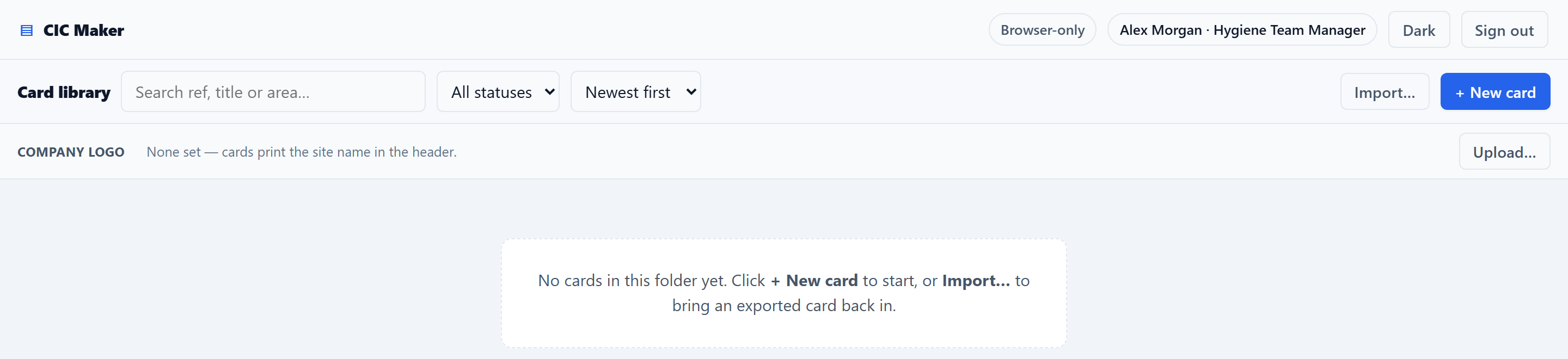 An empty card library, with a search box, status and sort dropdowns, a Company logo row, and a message reading: No cards in this folder yet. Click + New card to start, or Import to bring an exported card back in.