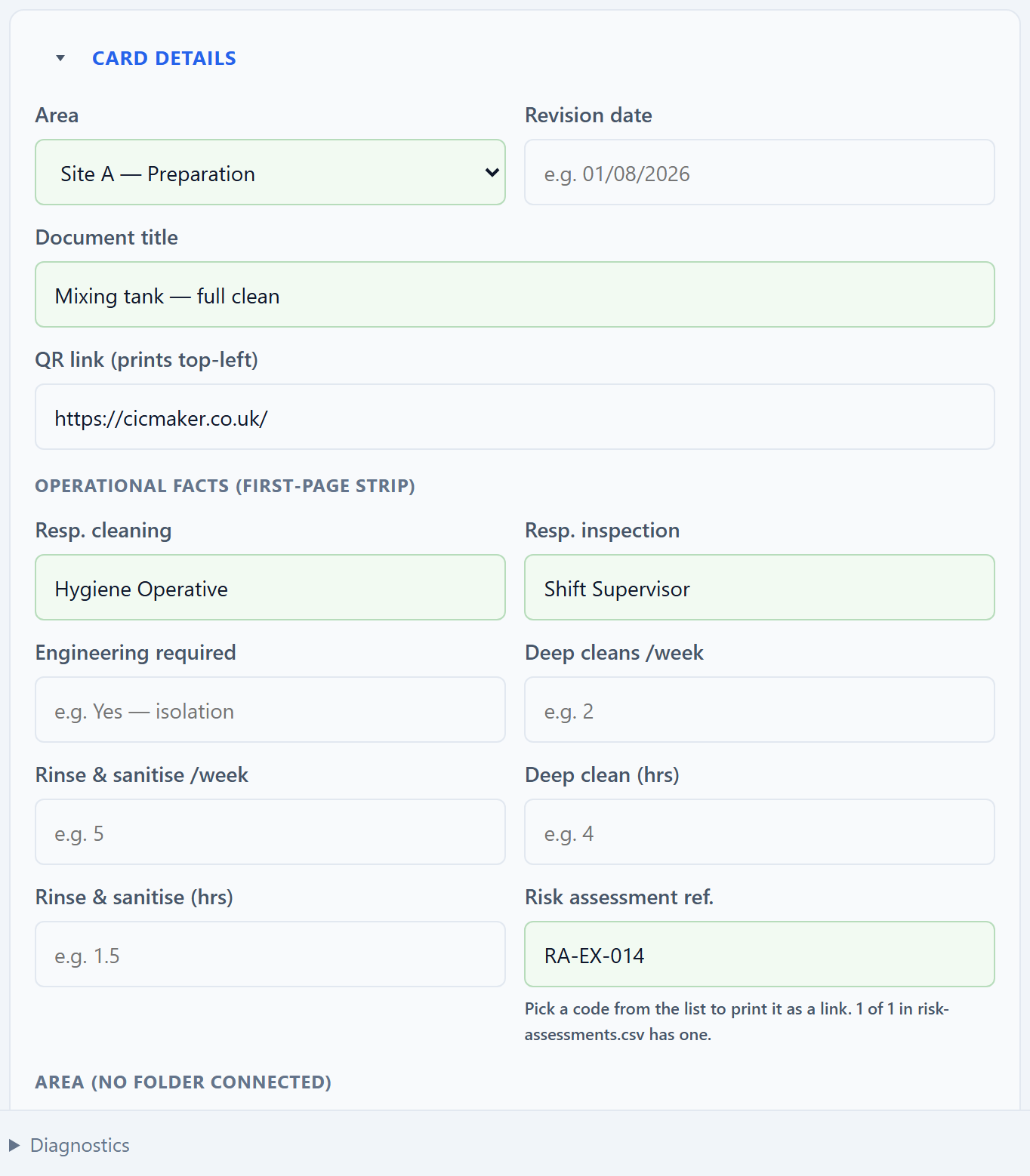 The Card details section: Area, Revision date, Document title, QR link, and an Operational facts group with Resp. cleaning, Resp. inspection, Engineering required, deep cleans and rinses per week, hours, and Risk assessment reference.