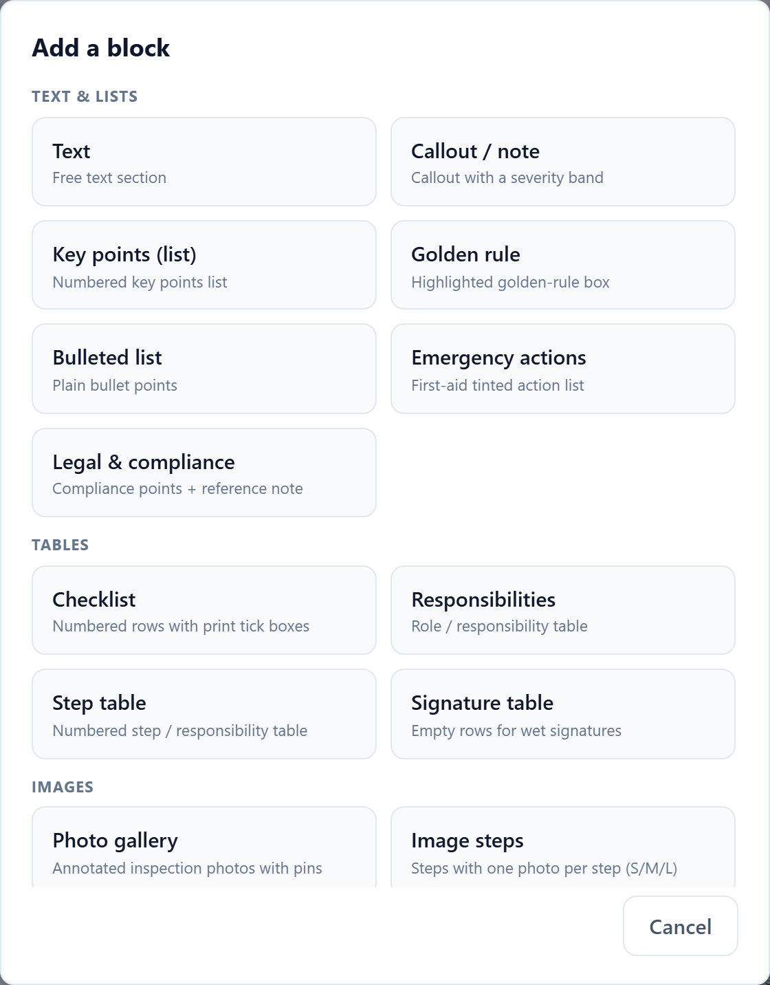 The Add a block dialog, grouped into Text and lists, Tables, Images, Special and Core, each group listing the block types with a one-line description.