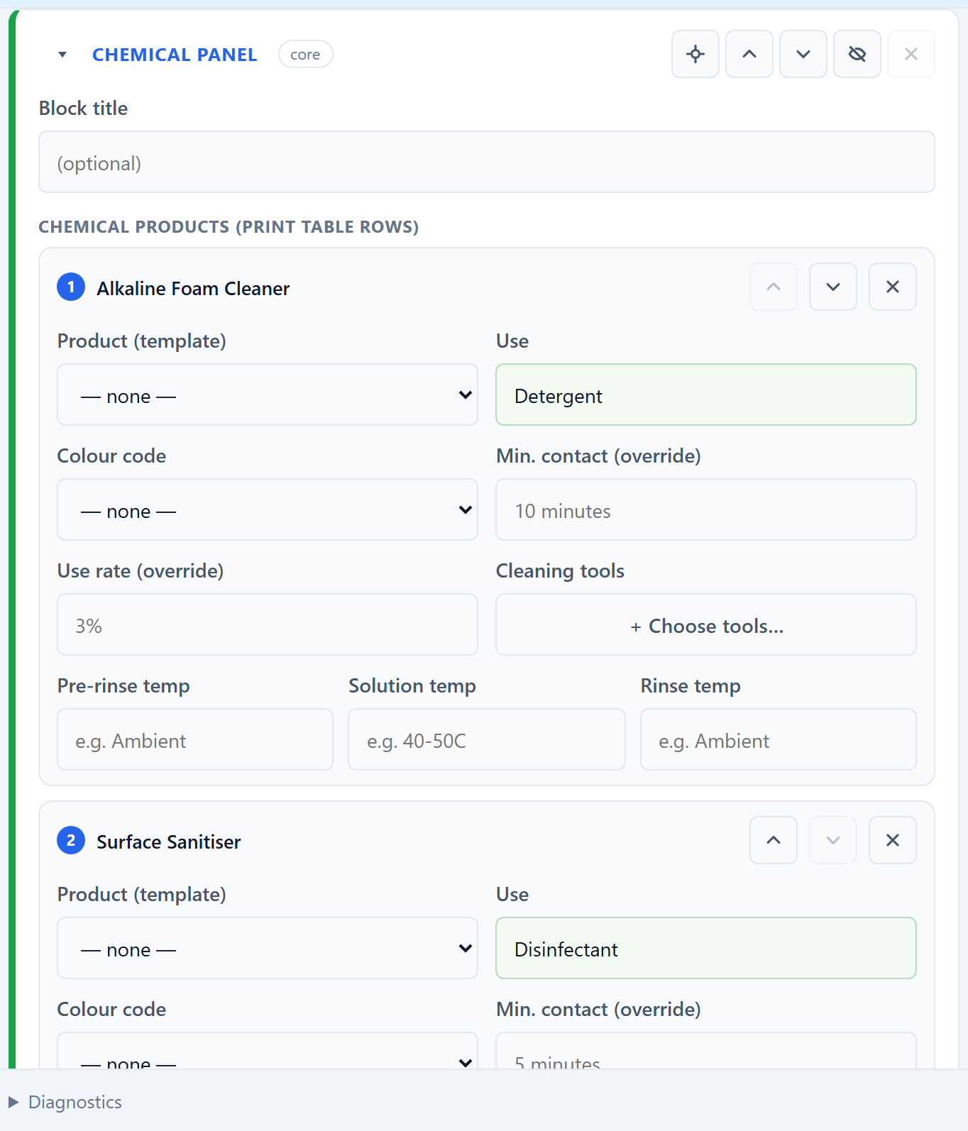 The chemical panel editor: rows of chemical products each with a template dropdown, code, name, colour code, contact time, use rate and a tools button, followed by Other tools and Key inspection points.