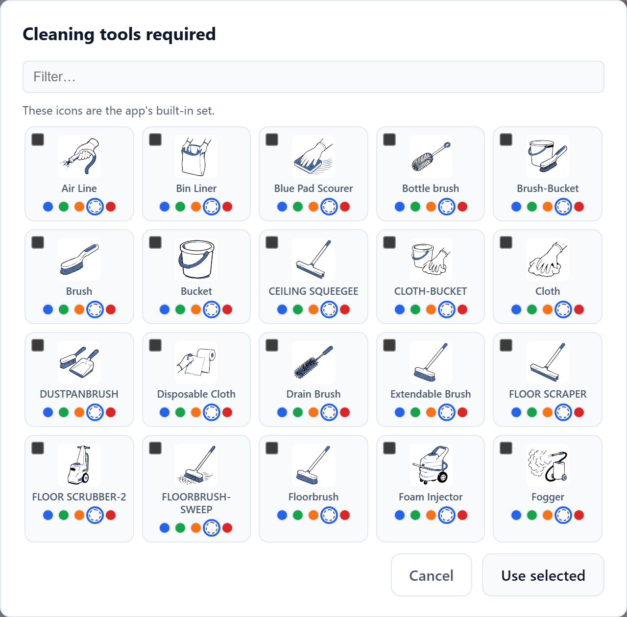 The icon picker dialog titled Cleaning tools required, with a filter box and a grid of icon tiles. Each tile has a tick box, a picture, a caption, and a row of coloured dots for choosing the colour variant.