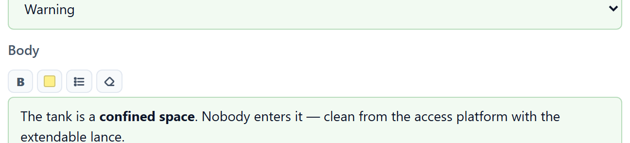 A step text box with a small formatting bar above it: a bold B button, a highlighter swatch, a bullet-list button and a clear-formatting button.