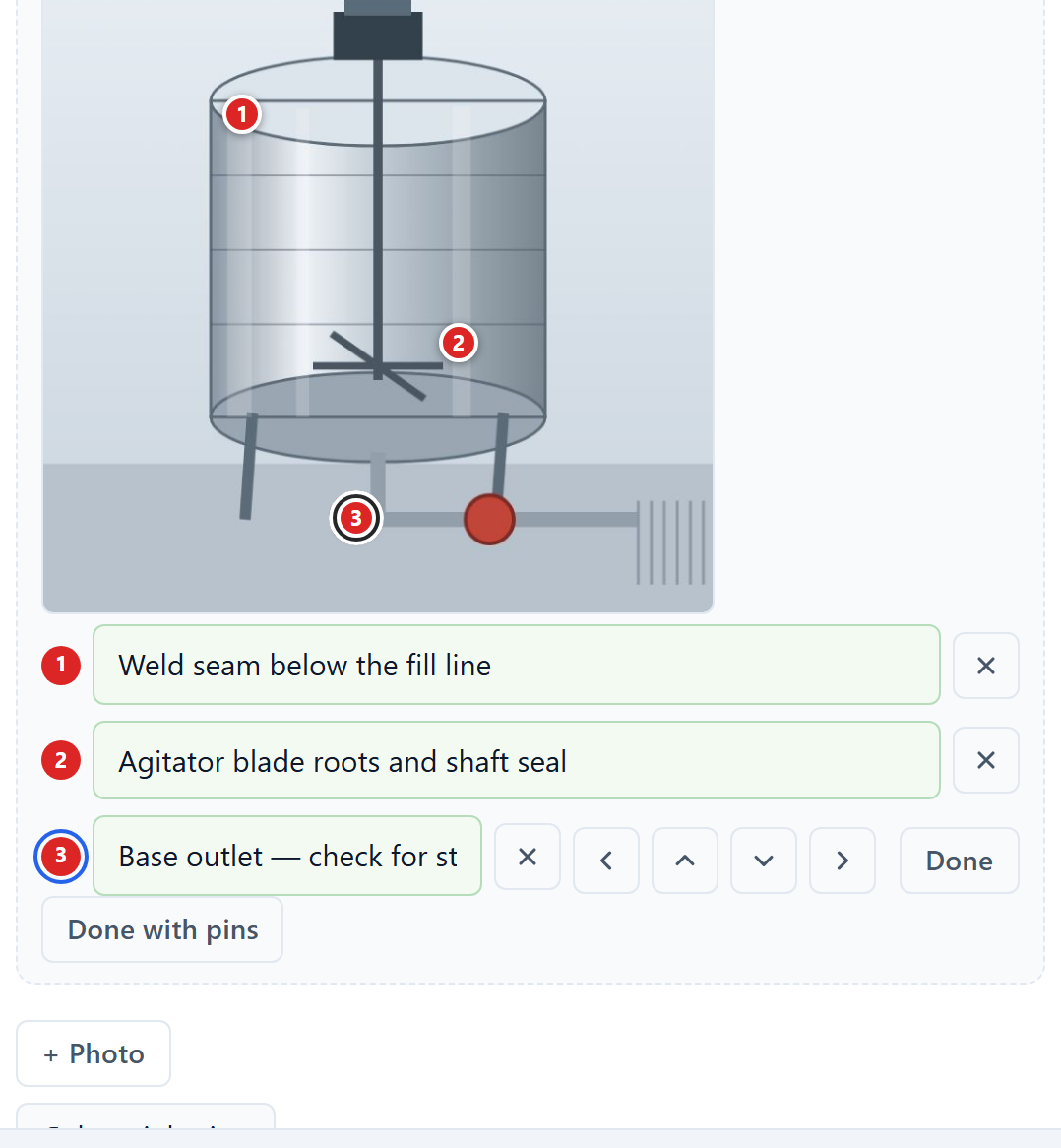 The pin editor: a photograph of a mixing tank with three numbered red pins on it, and below it a numbered list where each pin has a text box describing what is at that point.