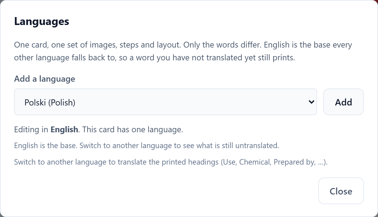 The Languages dialog with a dropdown of languages to add, a list of the languages currently on the card, and a section for the document labels.
