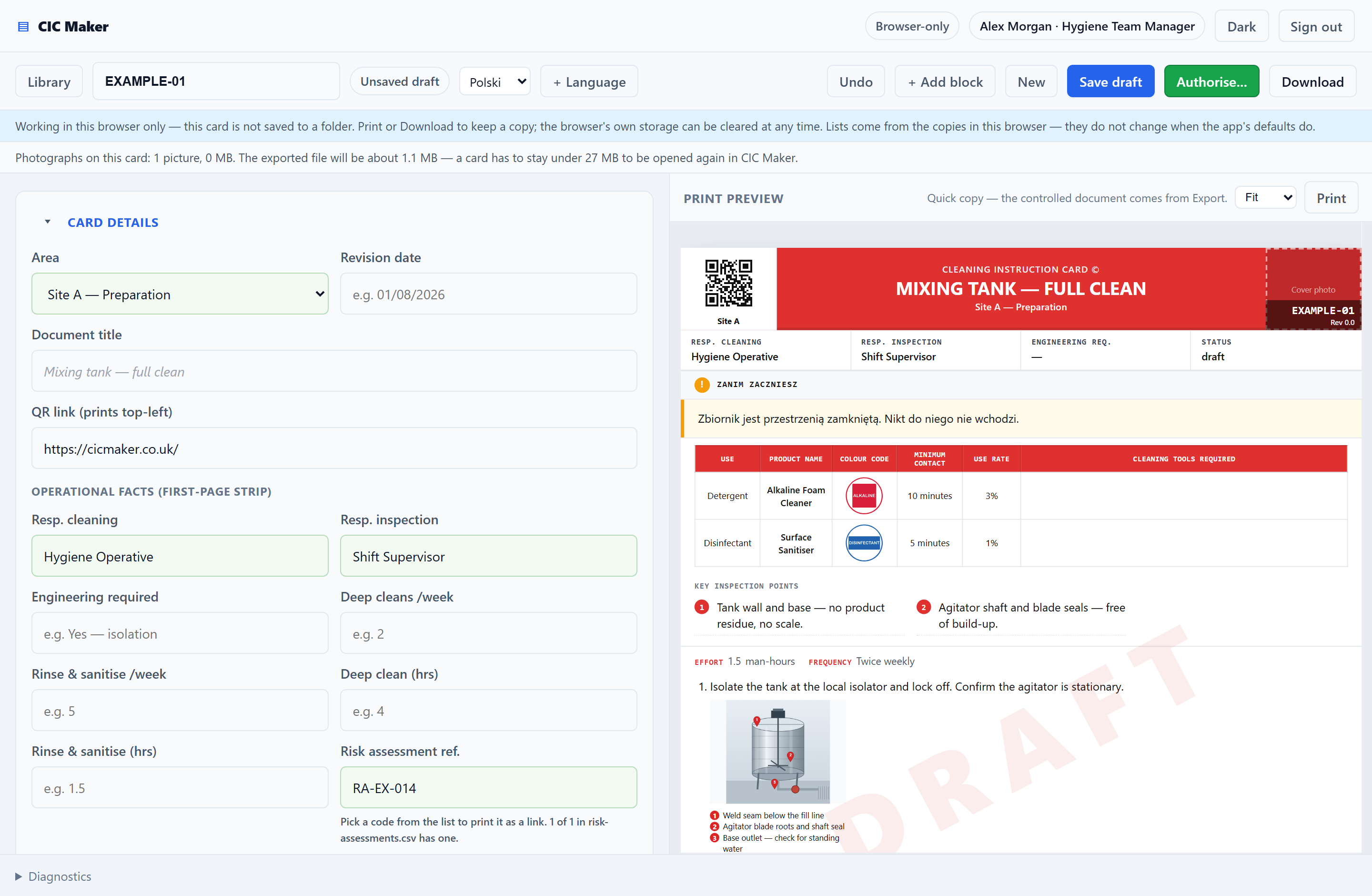 The editor with the language dropdown set to Polski. The card details form is shown, with the Document title field greyed out, and the preview on the right shows the callout section already translated into Polish.