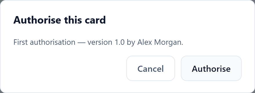 The Authorise this card dialog with no problems listed, showing Cancel and Authorise buttons.