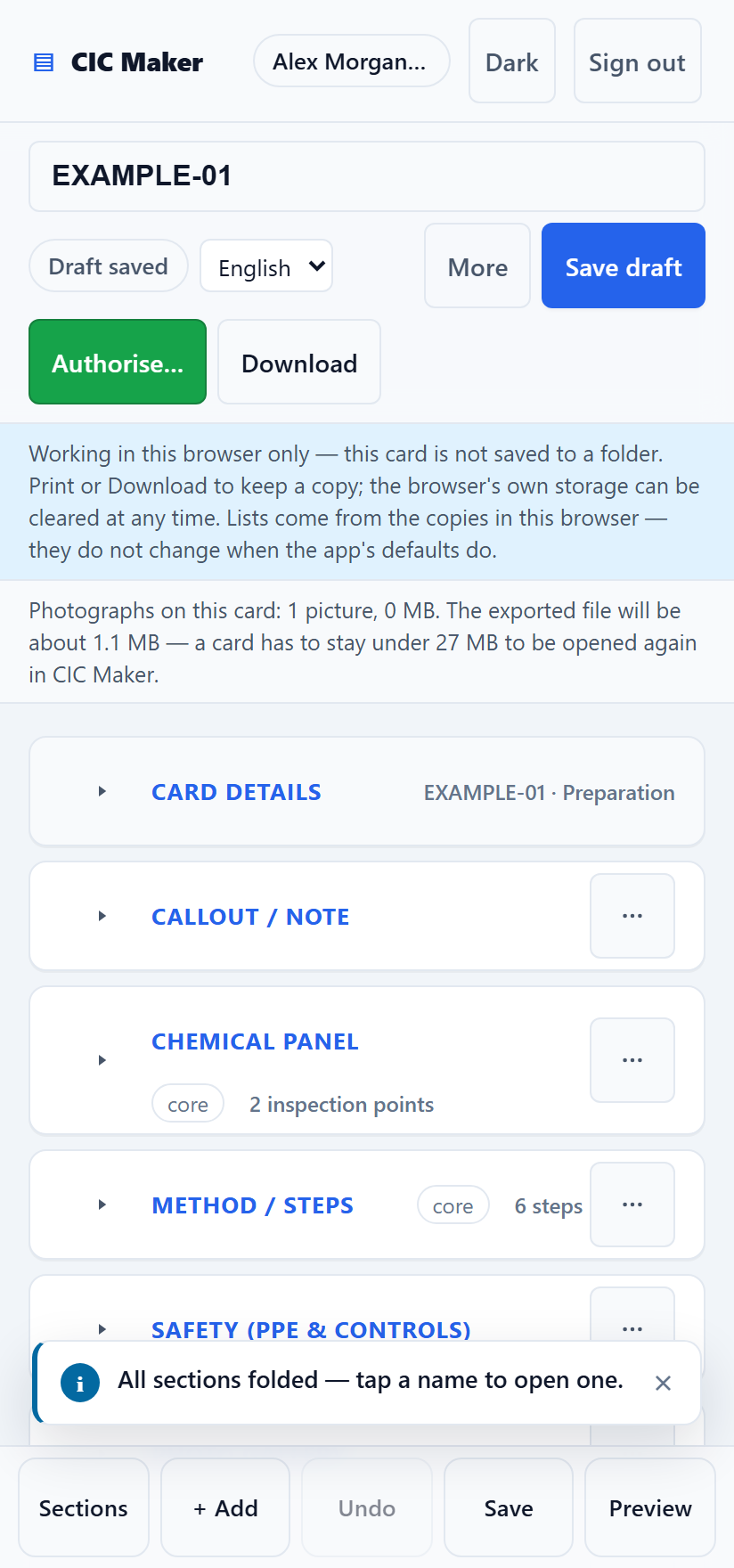 CIC Maker on a phone with every section folded, showing a compact list of section names — Card details, Callout, Chemical panel, Method, Safety, Photo gallery — as an outline.