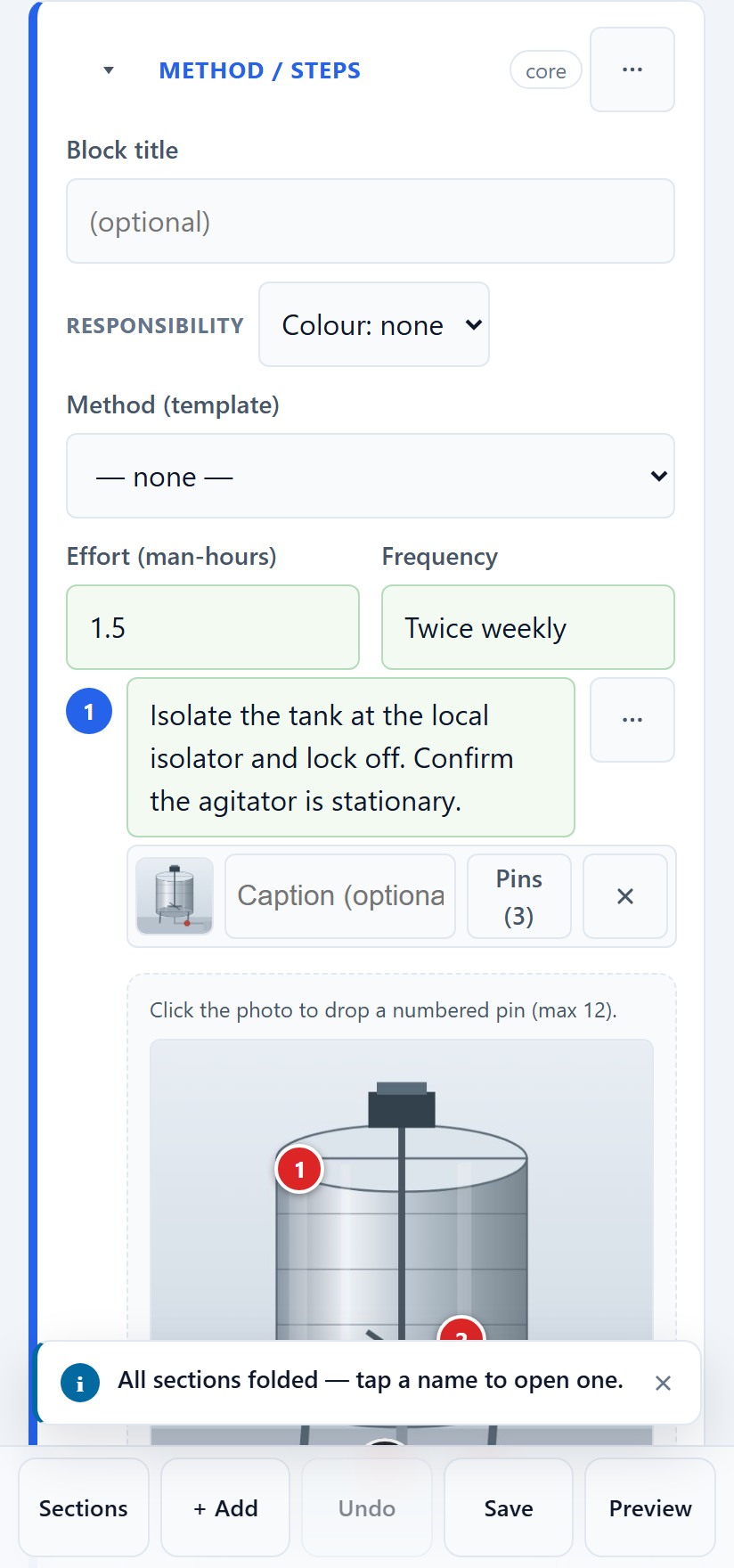 The same phone view with the Method / steps section opened at the top of the screen, showing its fields and the first step, with the bottom bar still visible.