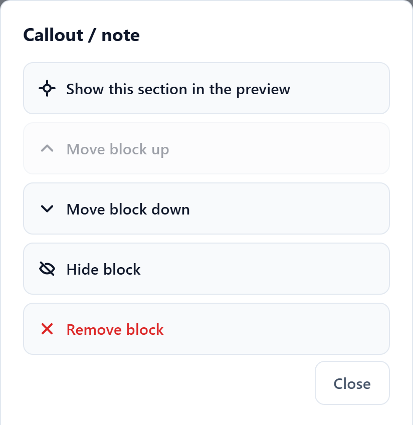 A pop-up sheet from the bottom of the phone screen listing the actions for one section: show in preview, move up, move down, hide and remove.